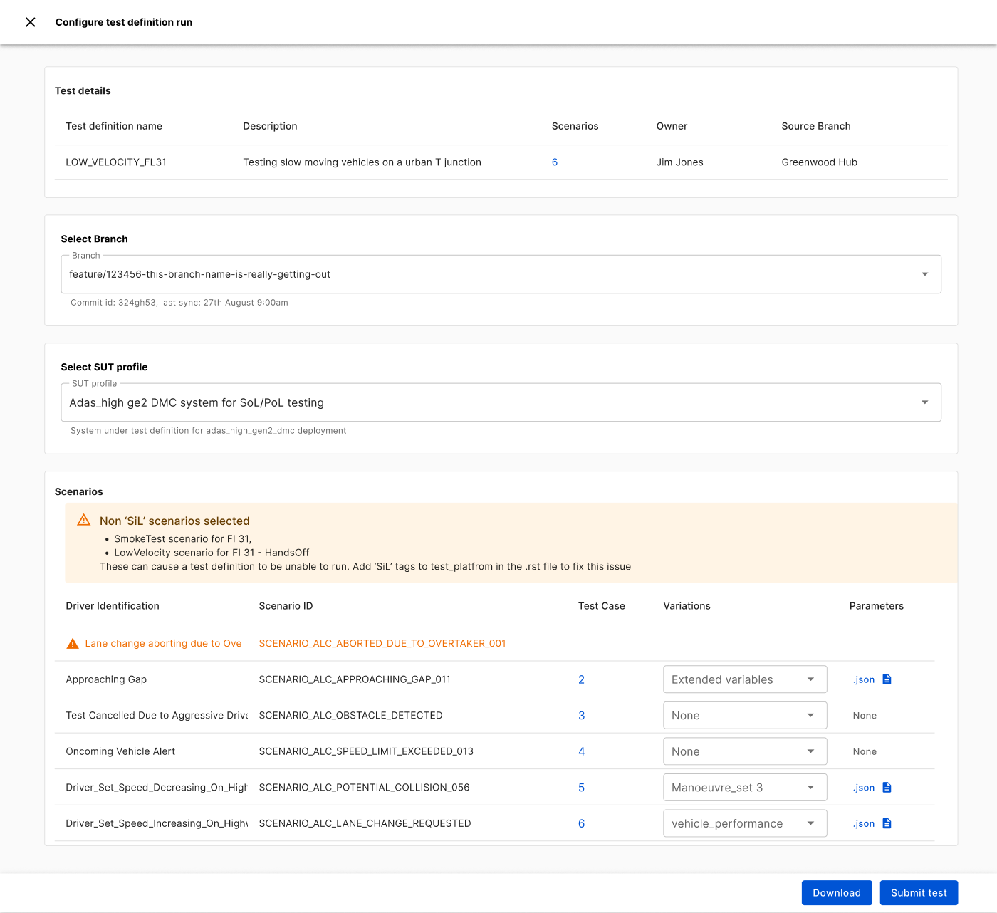 Configure test definition run screen with branch, SUT profile and scenario table